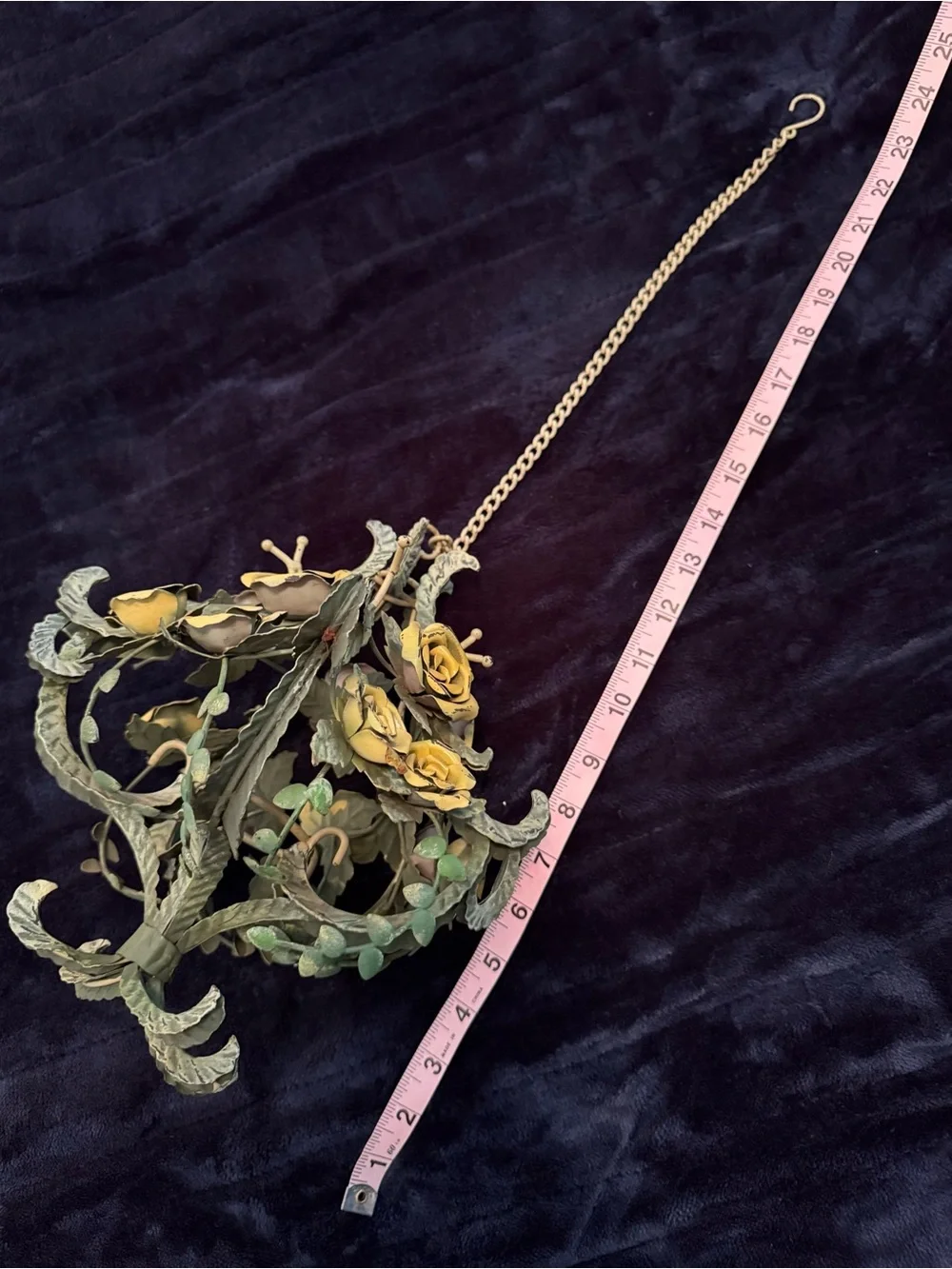 Vintage Hanging Toleware Yellow Roses Floral Birdcage Hollywood Regency Ball